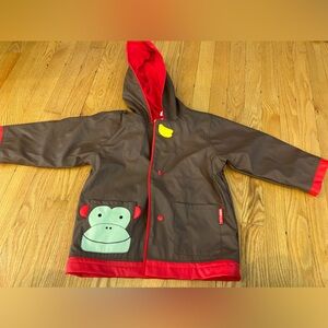 Skip Hop Kids  Monkey Rain Coat Jacket Snap Button Hooded Brown Red